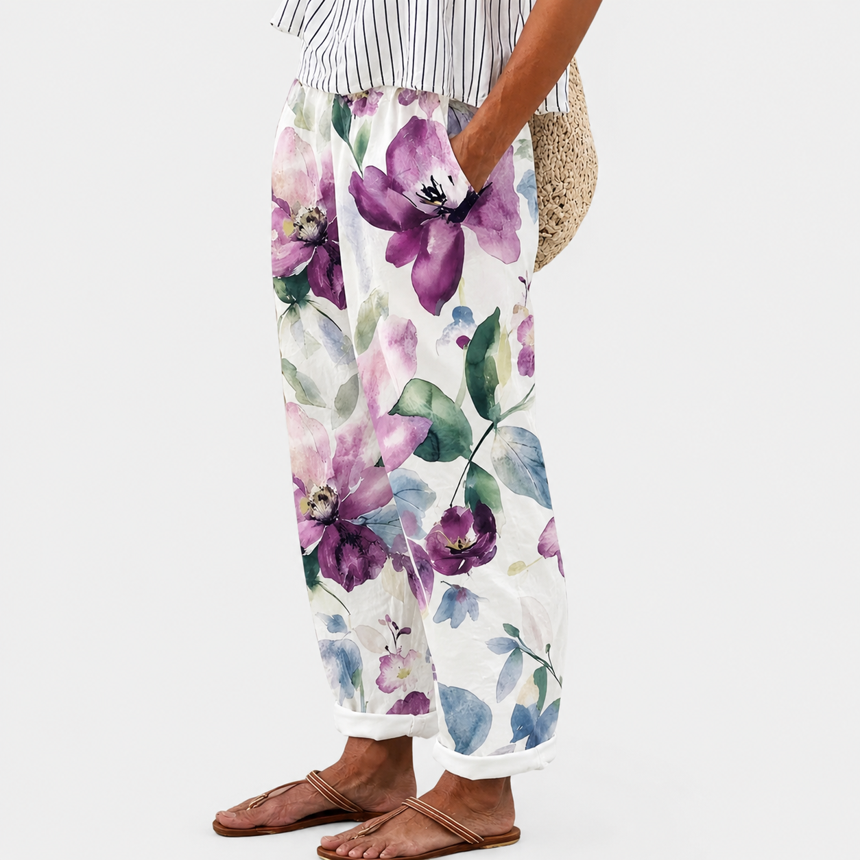 Comfortbroek met lavendelbloemen