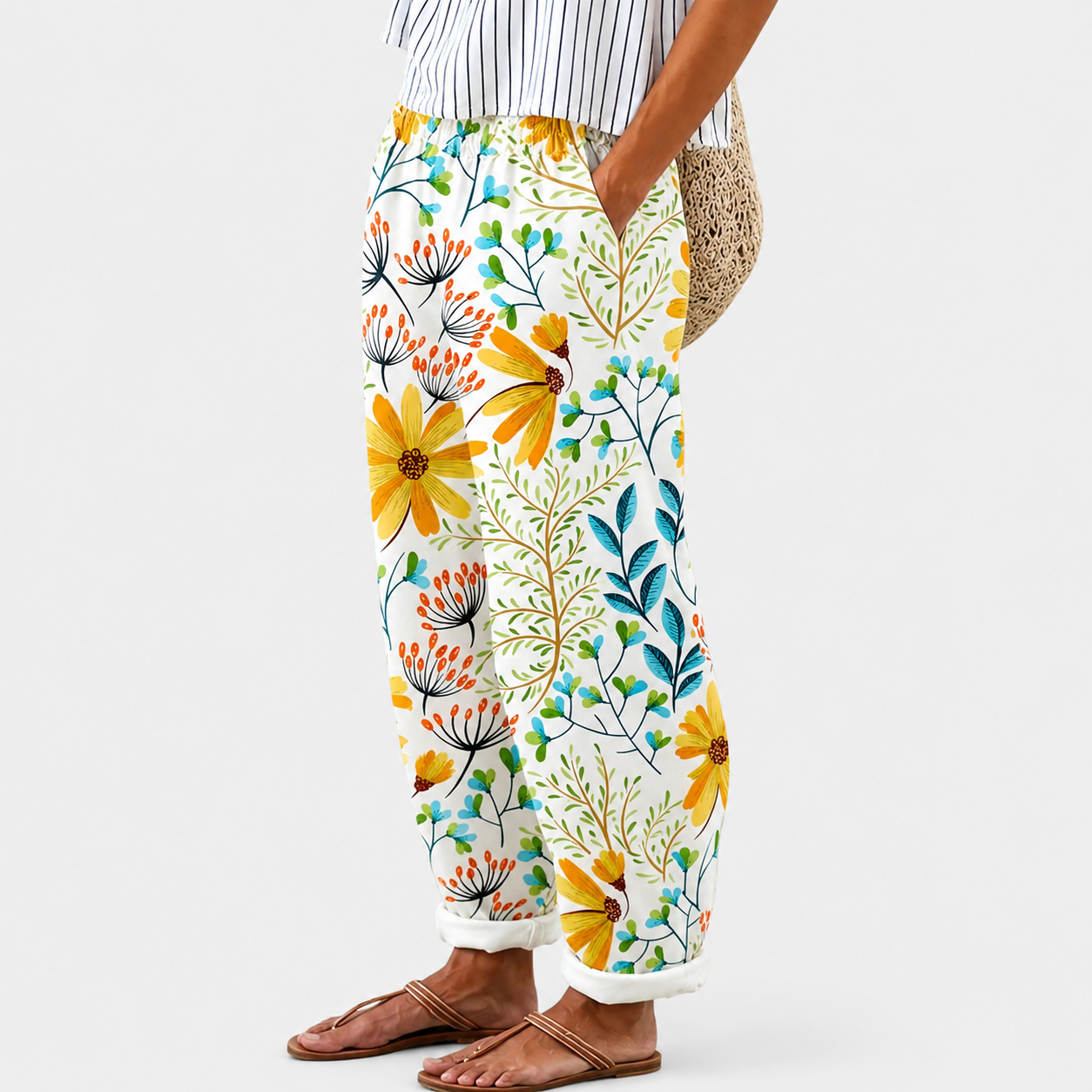Comfortbroek met gele bloemenprint