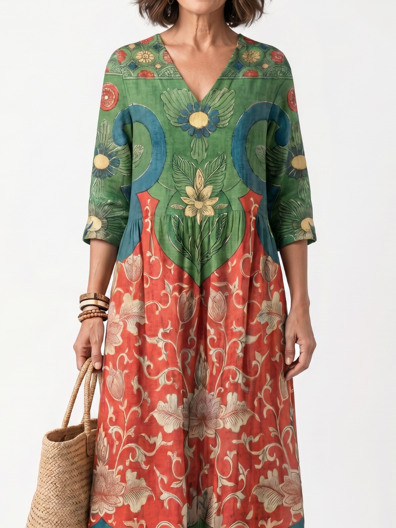 Joke lange jurk met bloemenprint in groen en rood