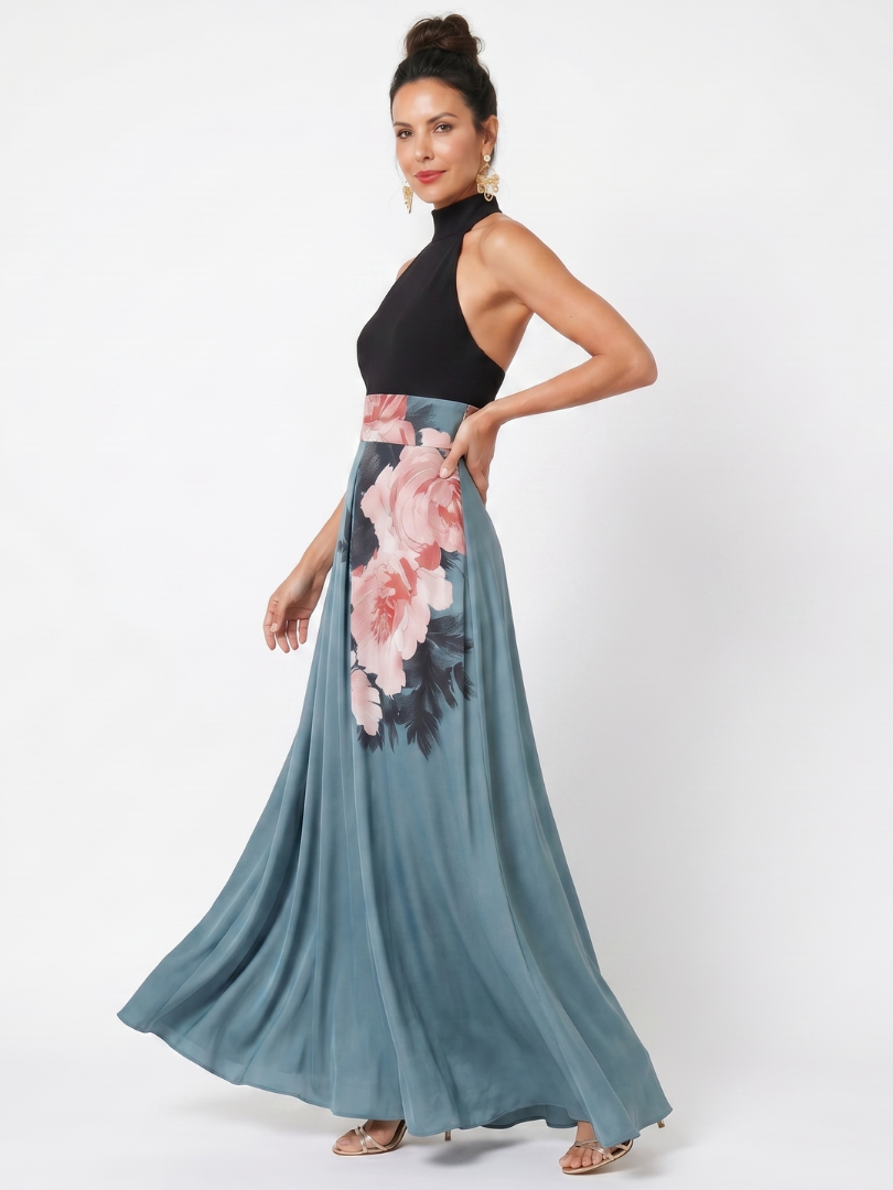 Olympas halter maxi-jurk met bloemenrok