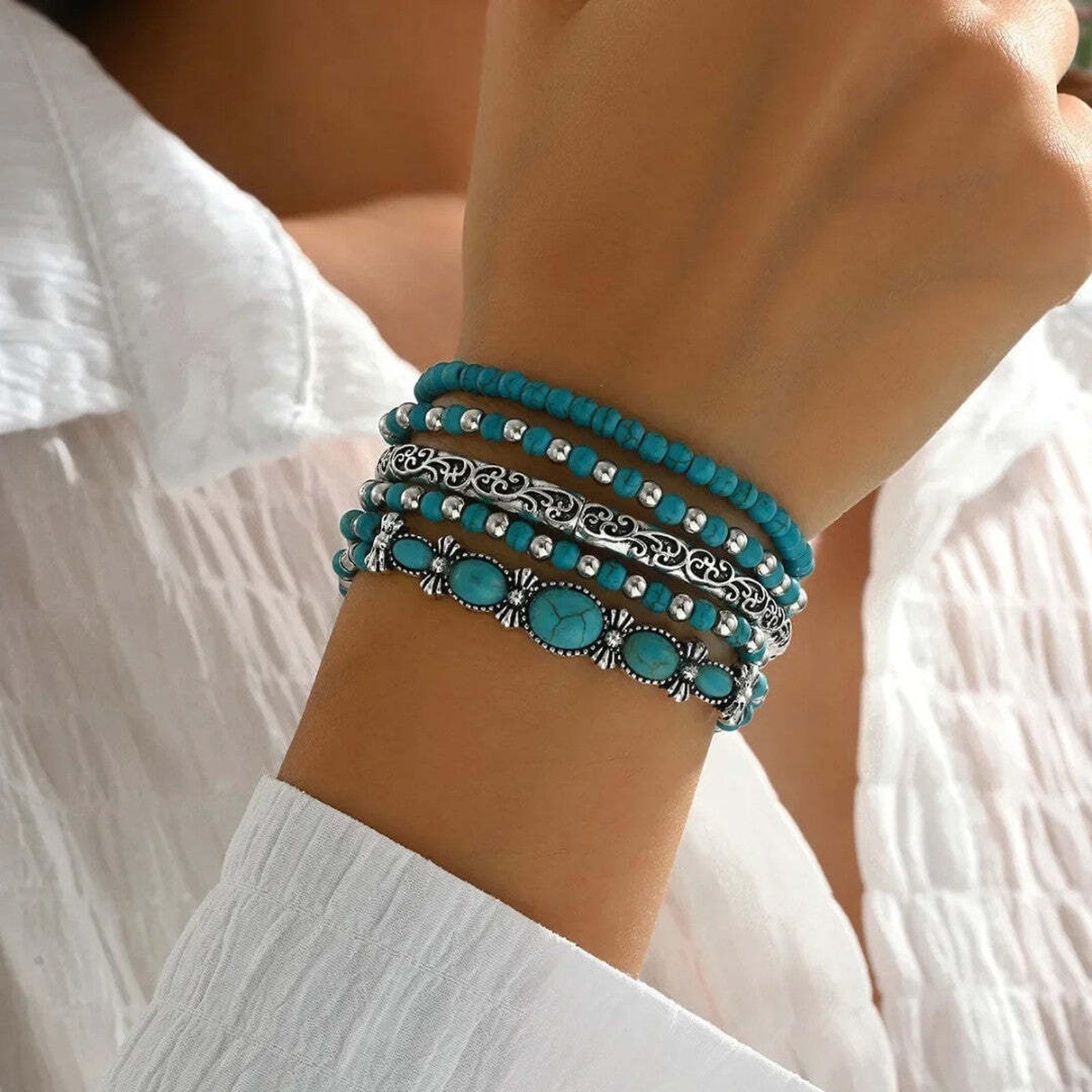 Mirella boho armbandenset met turkooizen kraaltjes