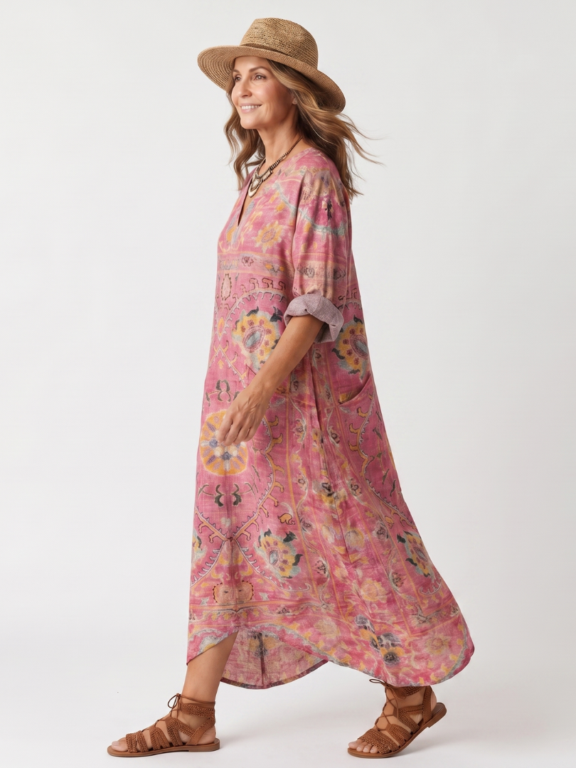 Maartsje lange jurk met abstracte print in roze