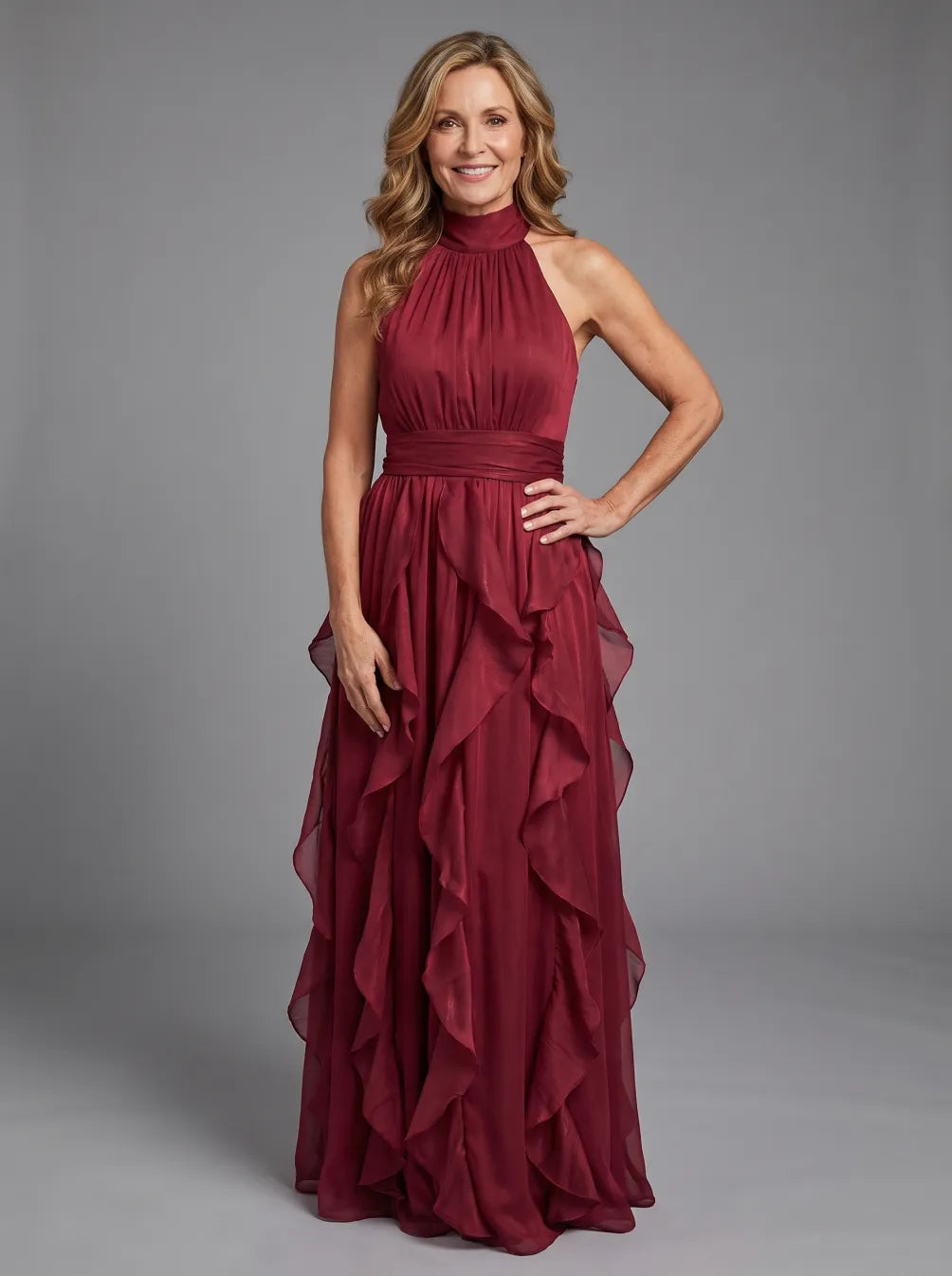 Orea maxi-jurk met hoge hals en ruchelagen