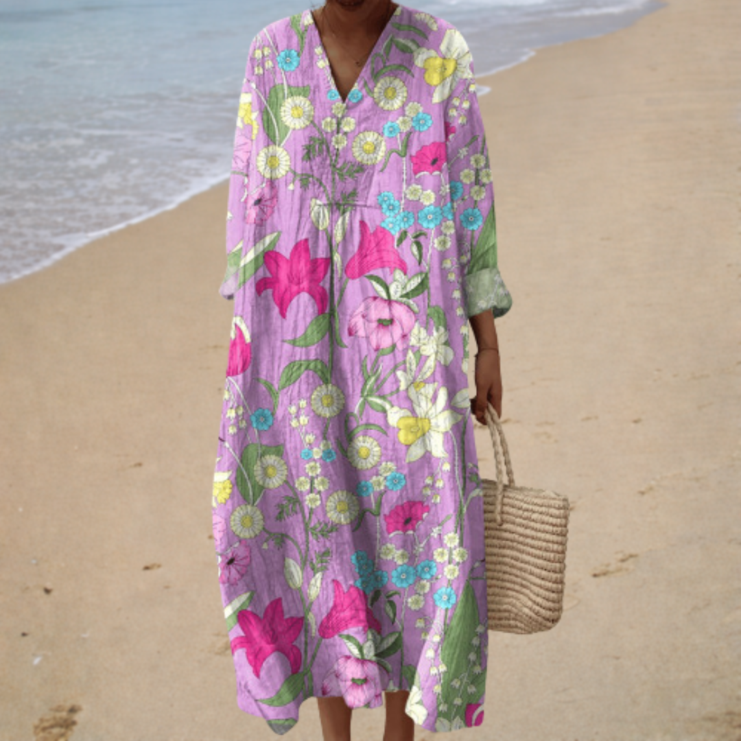 Iva jurk met aquarelbloemen in roze en groen