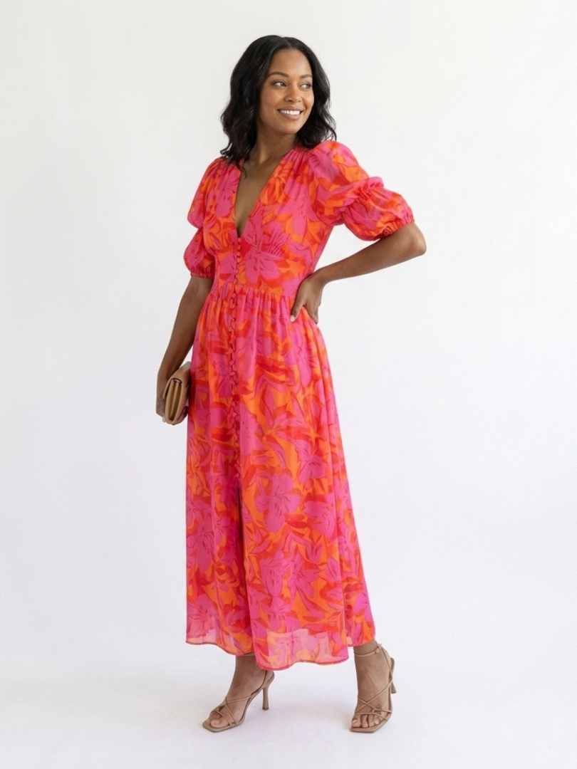 Willow | Bloemrijke V-Hals Midi Jurk met Puff Mouwen