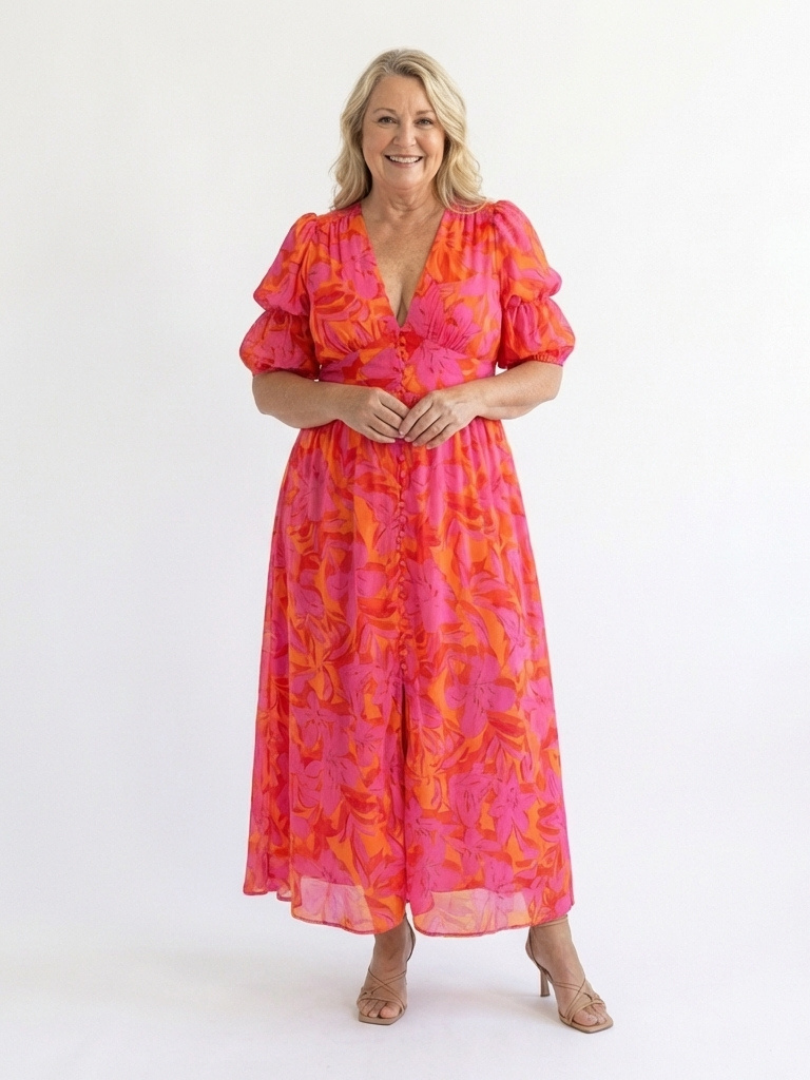 Willow | Bloemrijke V-Hals Midi Jurk met Puff Mouwen