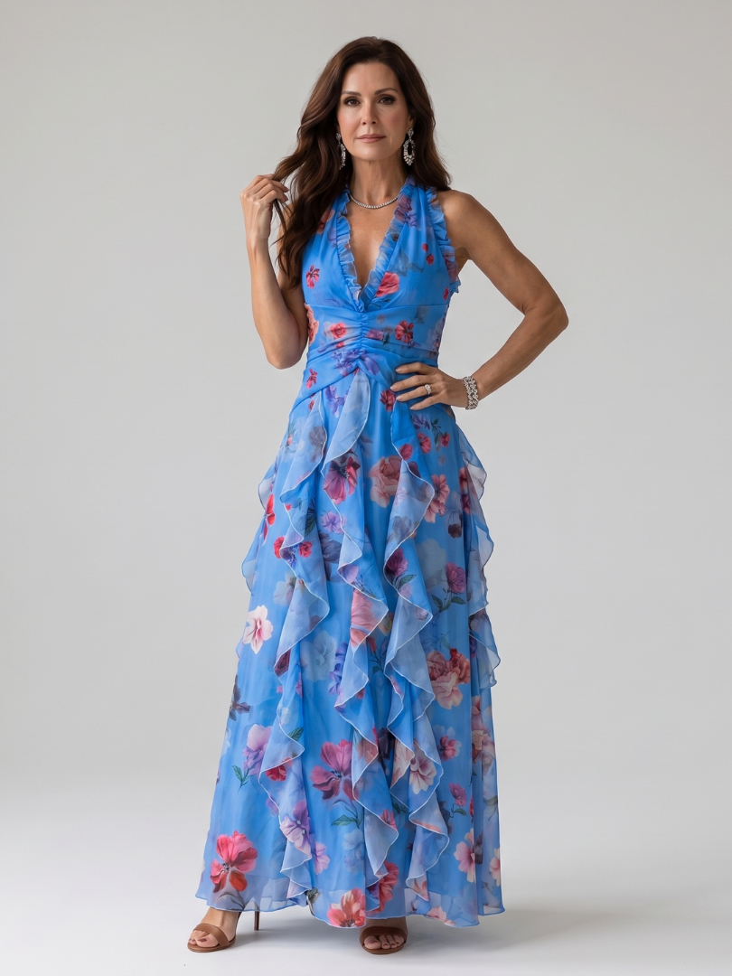 Nori halter maxi-jurk met gerimpeld lijfje en bloemenprint