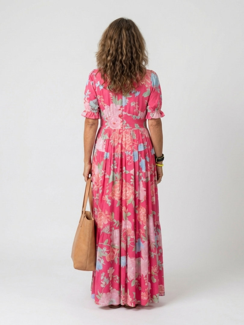 Ione | Korte Mouwen V-Hals Bloemen Midi Jurk