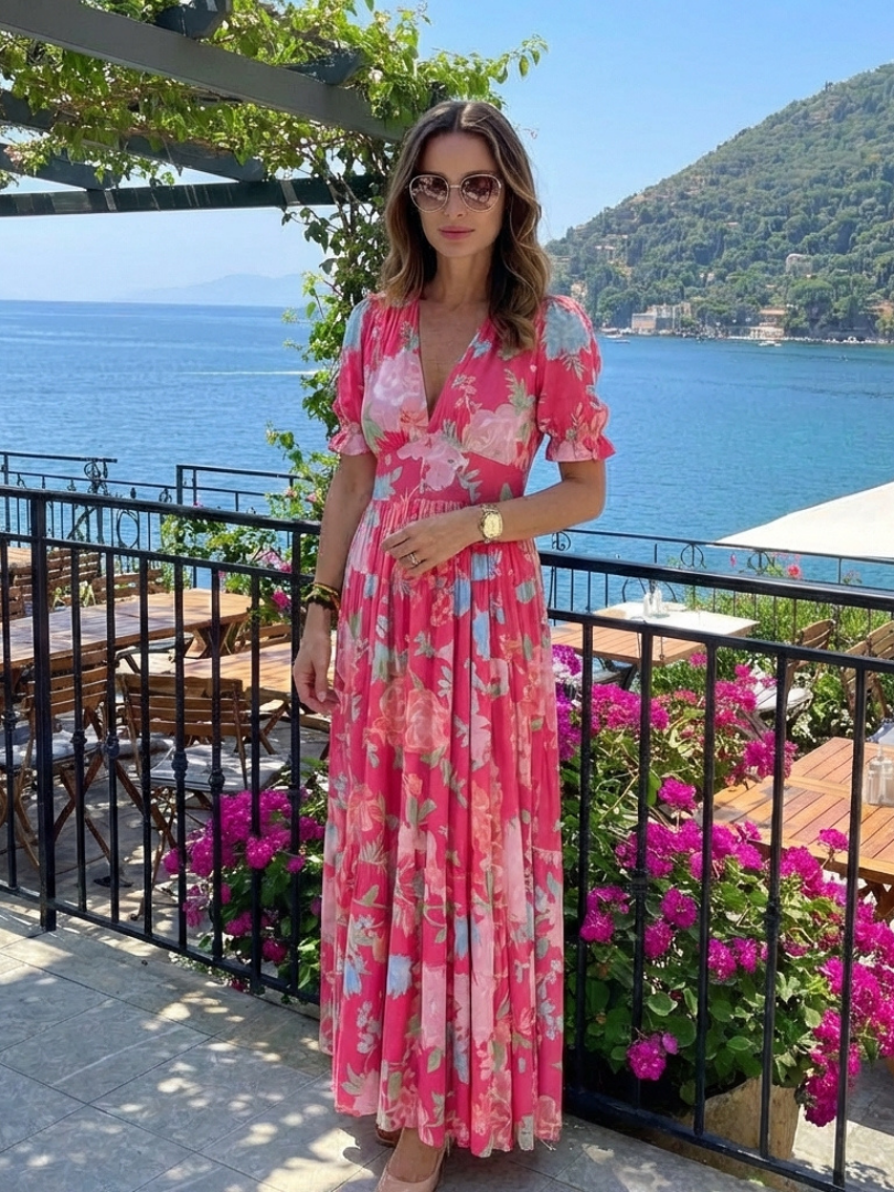 Ione | Korte Mouwen V-Hals Bloemen Midi Jurk