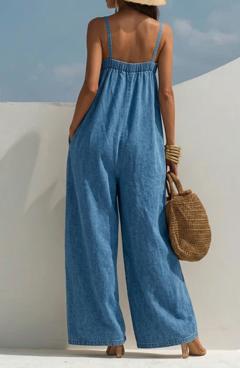 Madison | Denim jumpsuit met wijde pijpen