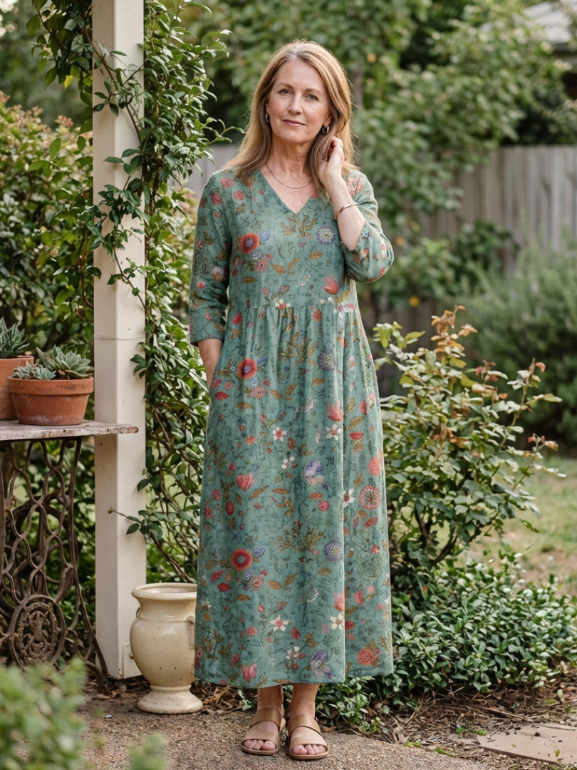 Marina | Bloemen V-Hals Driekwart Mouw Maxi Jurk