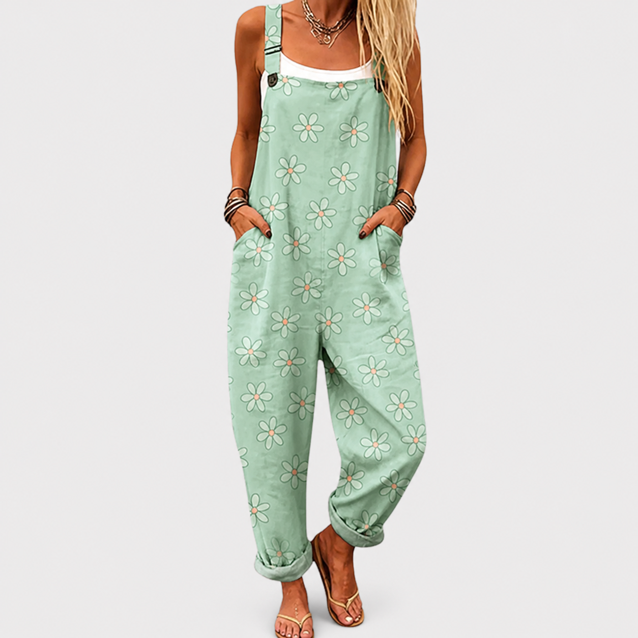 Aaltje mintgroene jumpsuit met madeliefjes