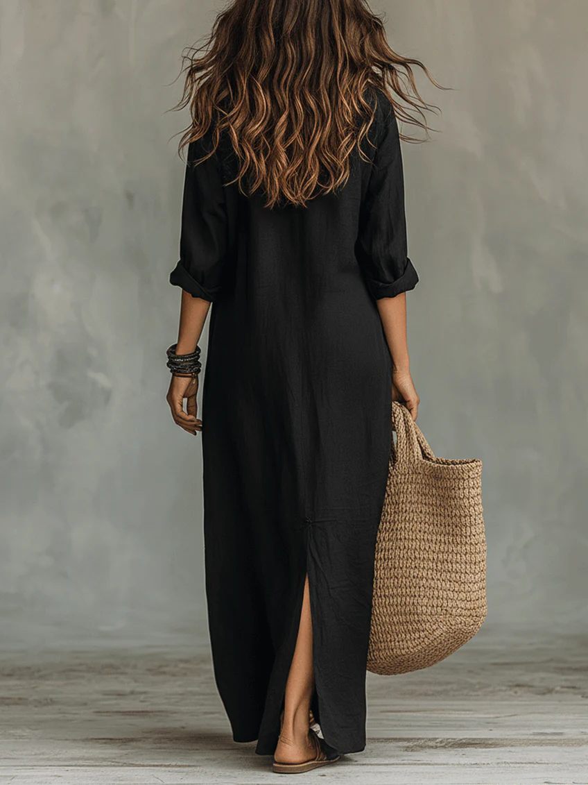 Alessia | Zachte zwarte maxi-jurk met knopen