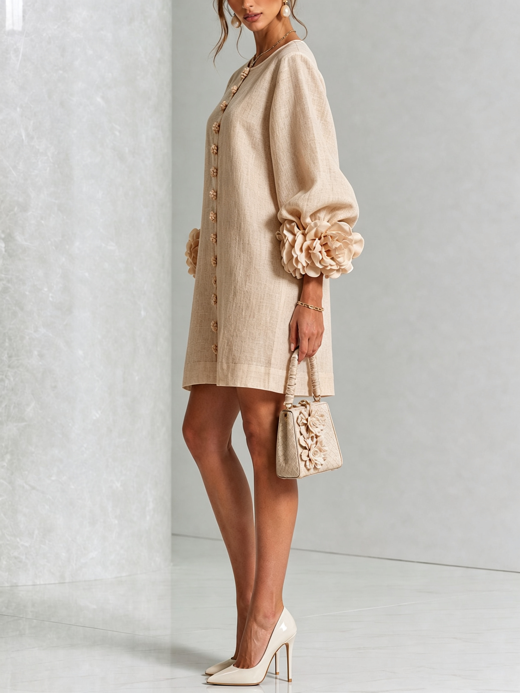 Anita mini-jurk met rozen aan de manchetten in beige