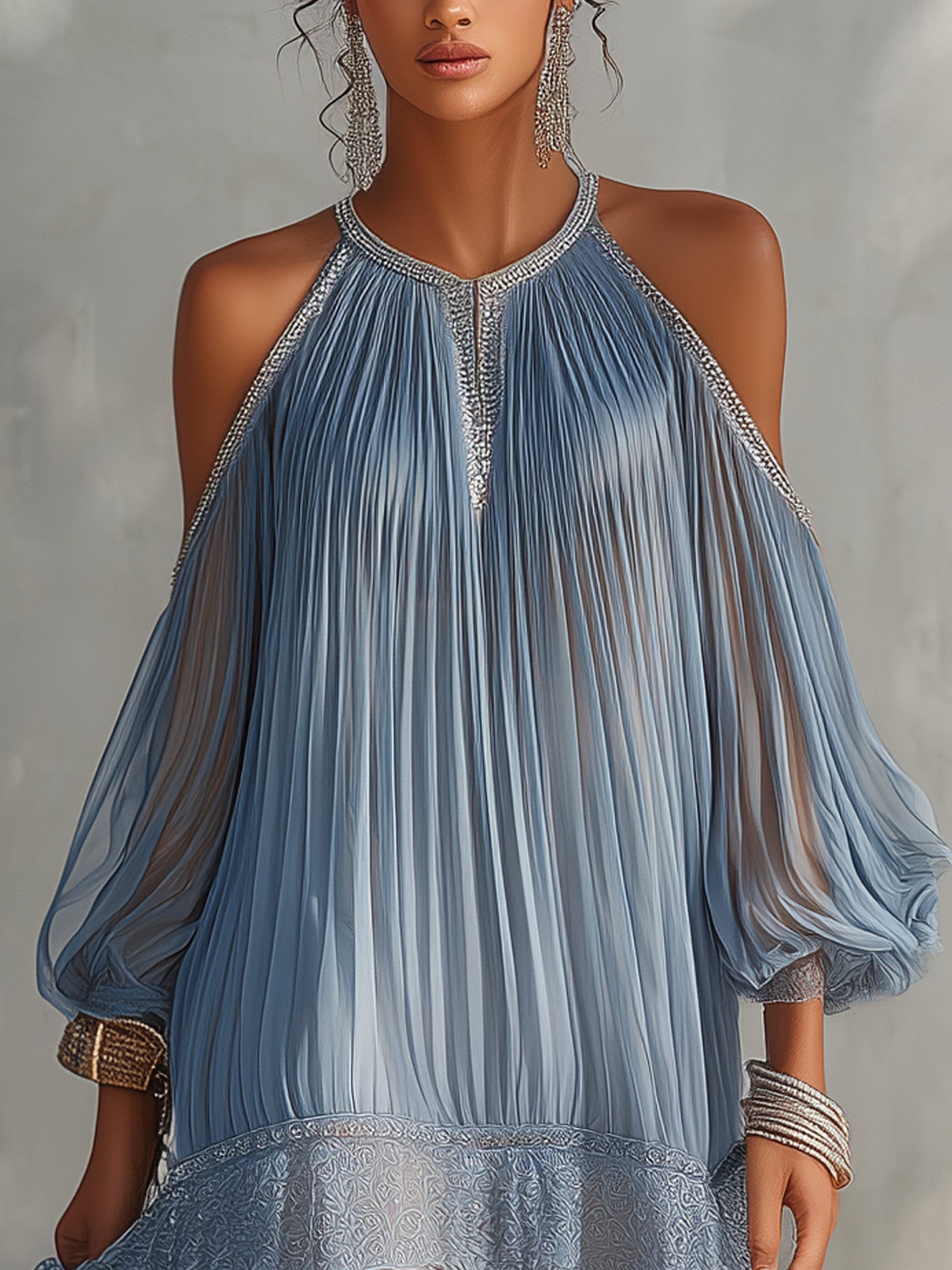 Blauwe off-shoulder mini-jurk met kanten zoom