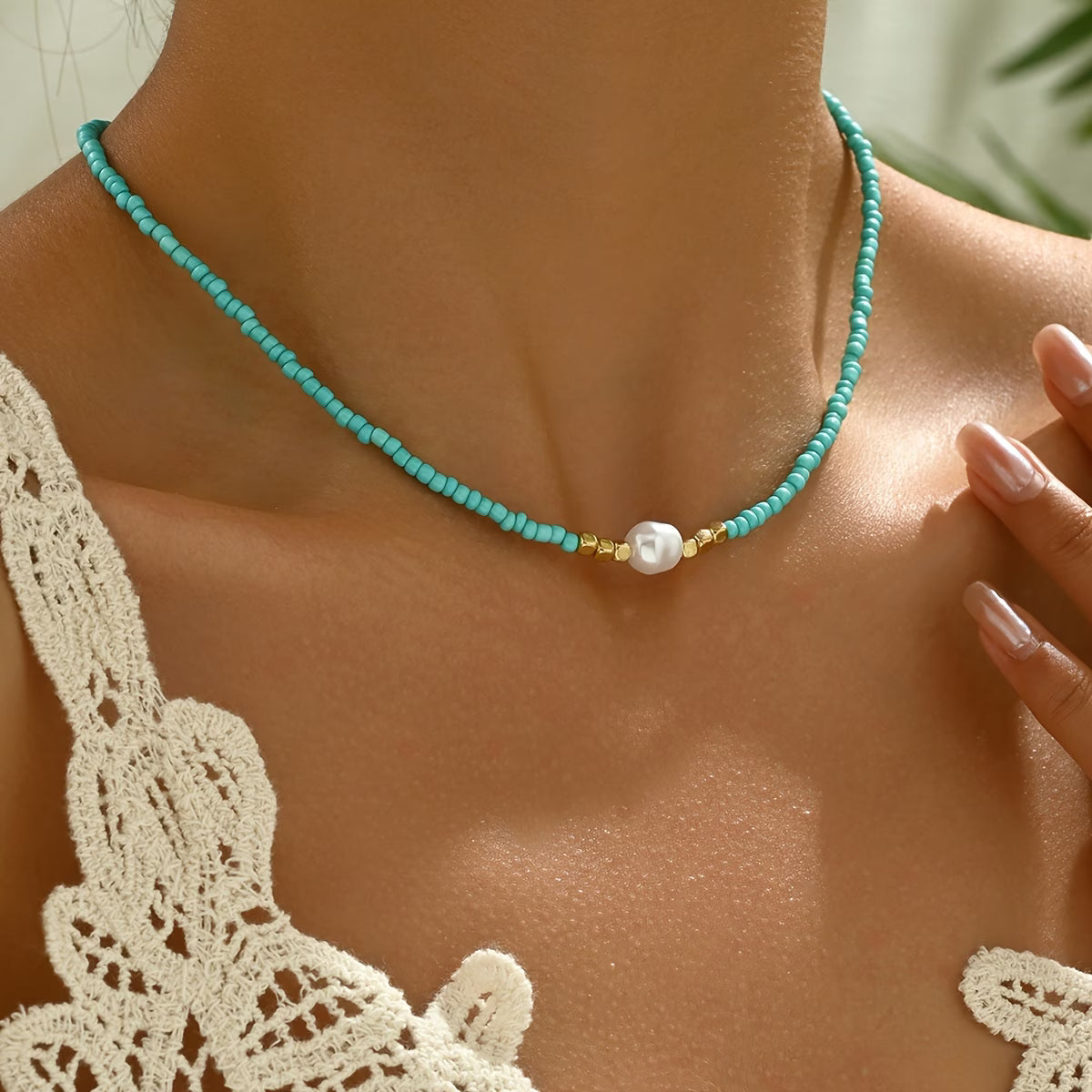 Minimalistische ketting met turkoois en parels