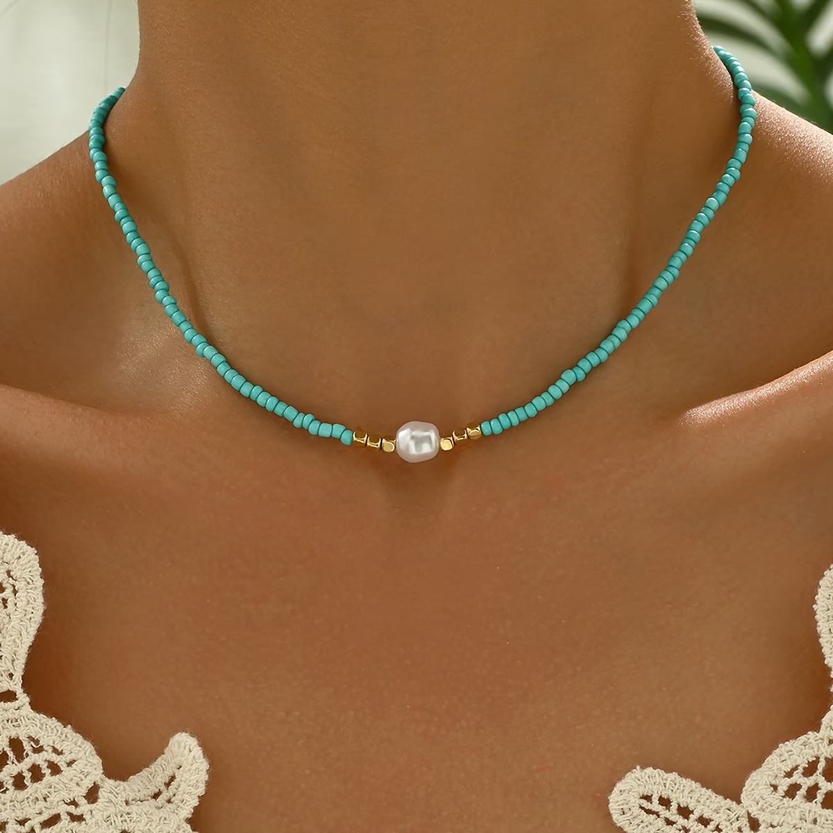 Minimalistische ketting met turkoois en parels