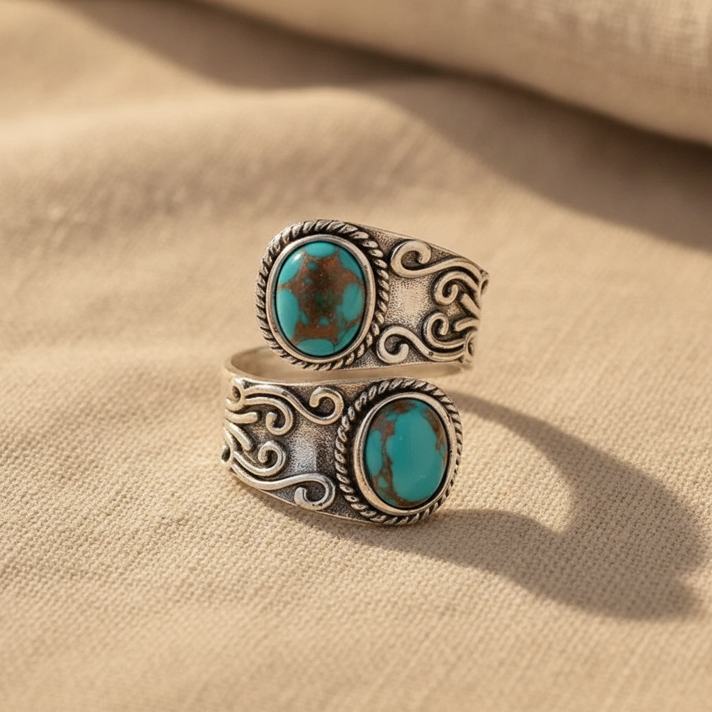 Calista gewikkelde ring in zilver met dubbel turkoois