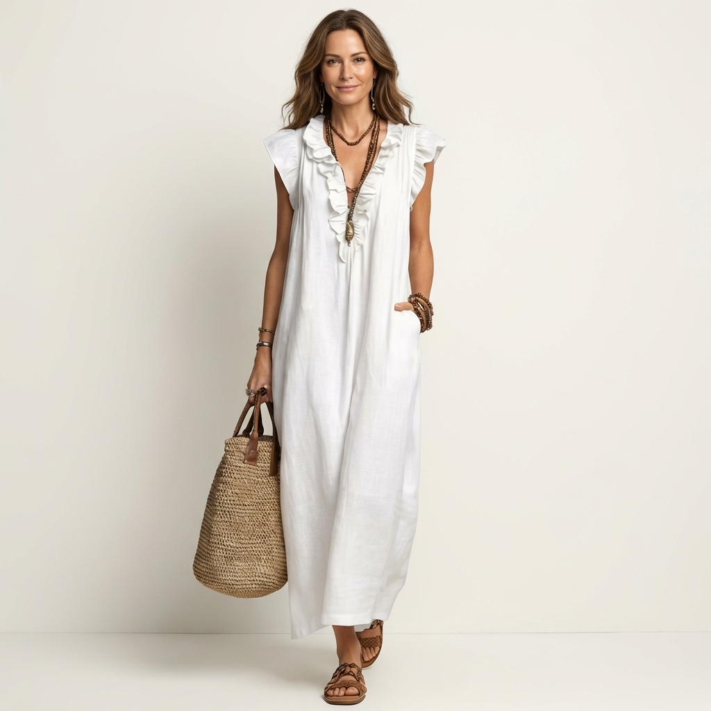 Doutzen mouwloze maxi-jurk met ruche-V-hals