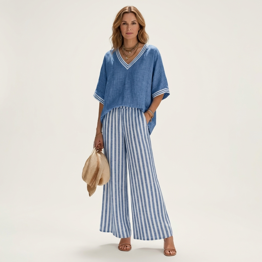 Lidewij set met V-hals top en gestreepte broek