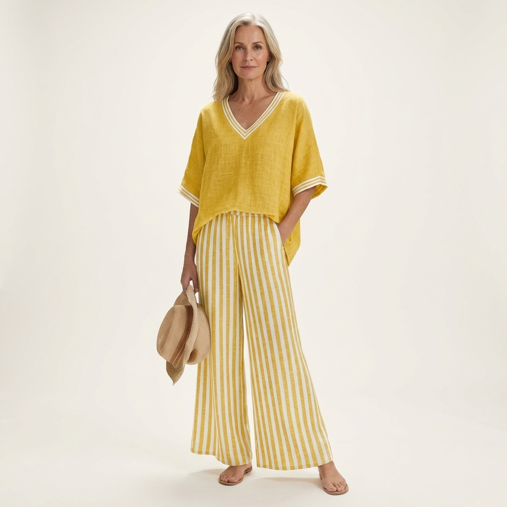 Lidewij set met V-hals top en gestreepte broek