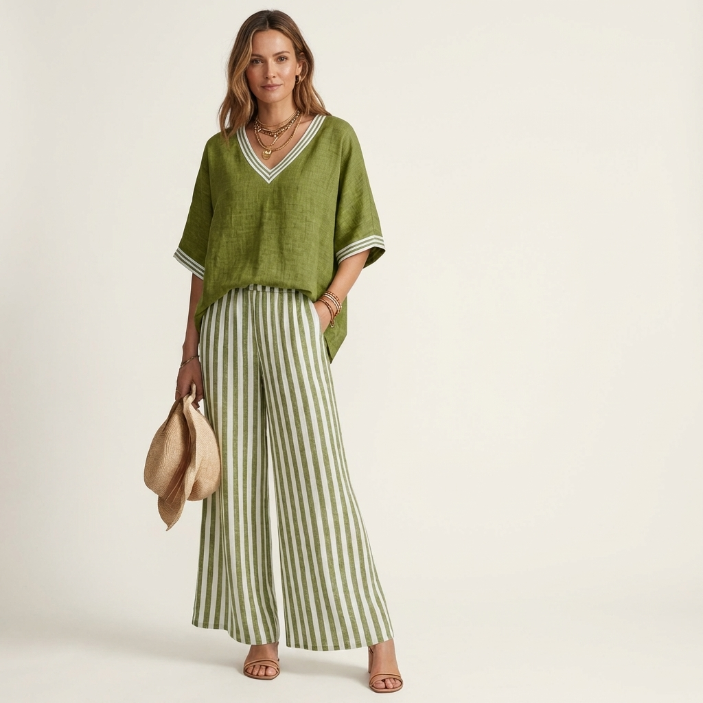 Lidewij set met V-hals top en gestreepte broek