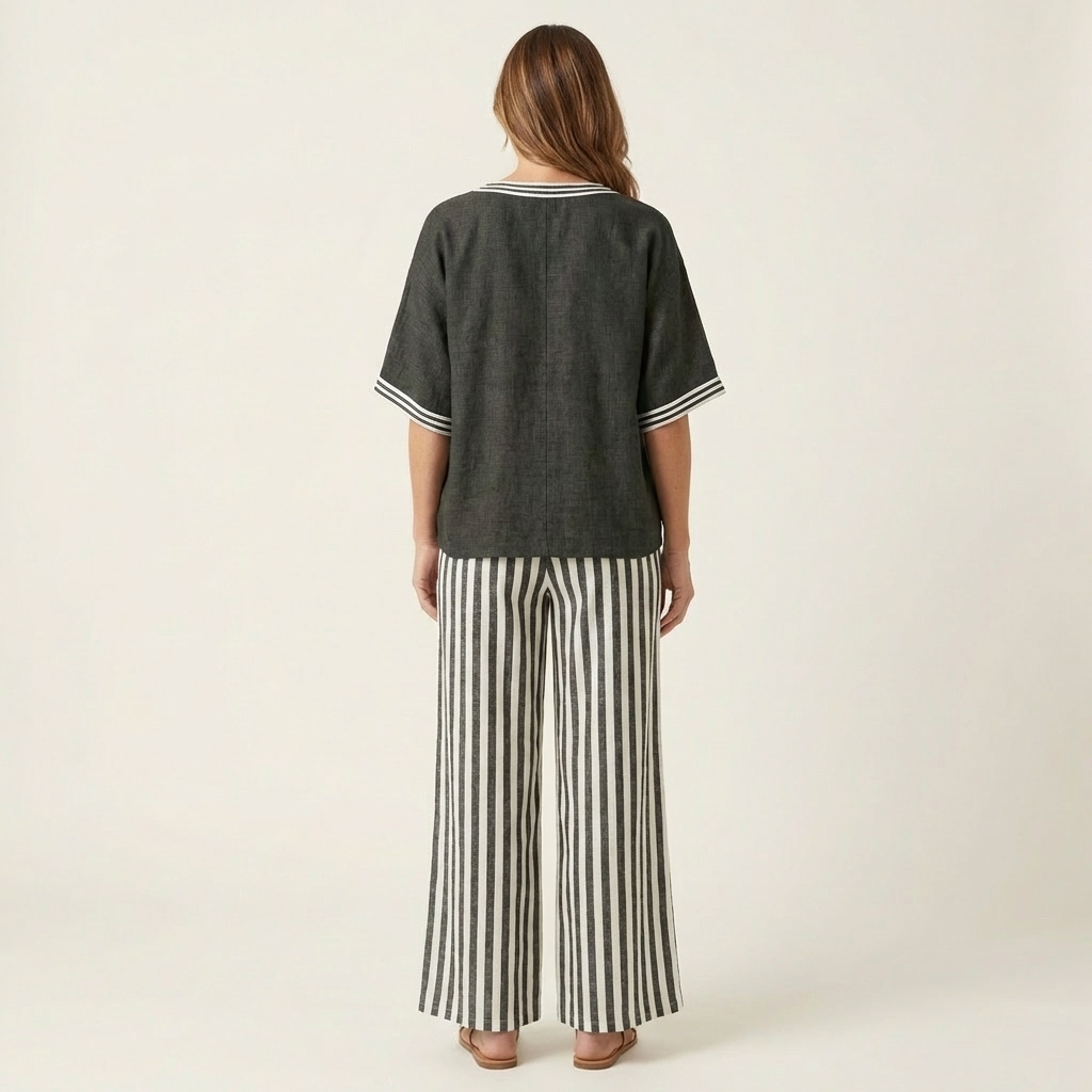 Lidewij set met V-hals top en gestreepte broek