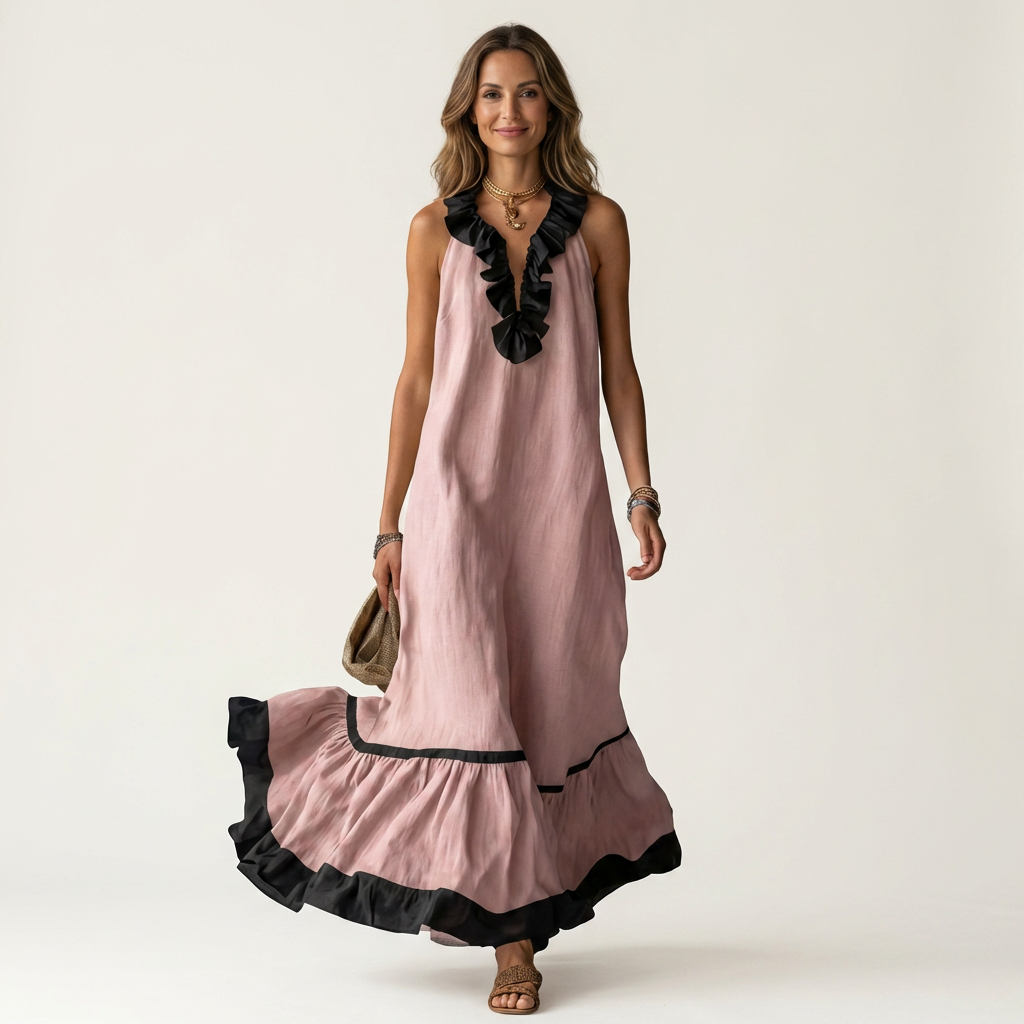 Janke mouwloze maxi-jurk met ruches en contrastbies