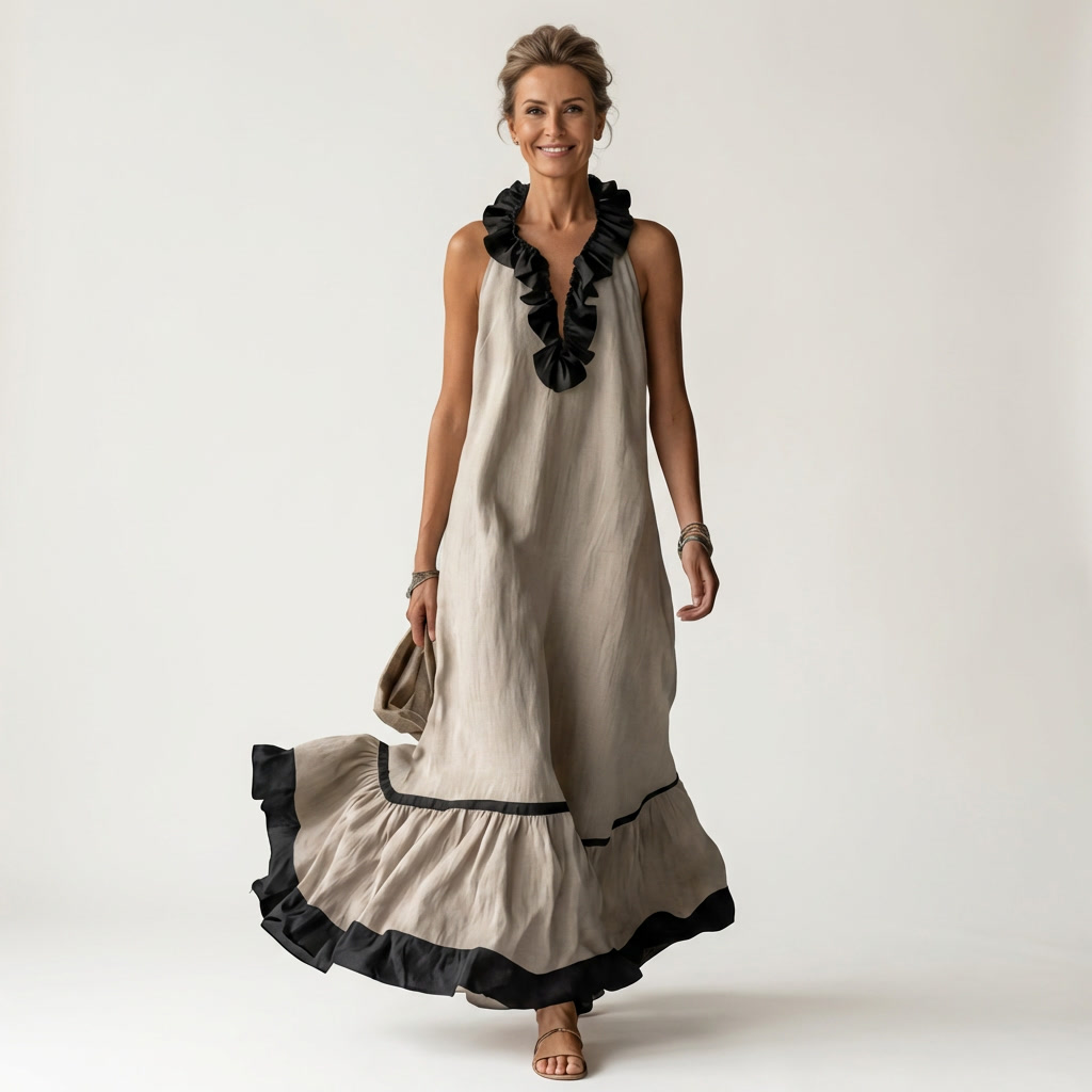 Janke mouwloze maxi-jurk met ruches en contrastbies
