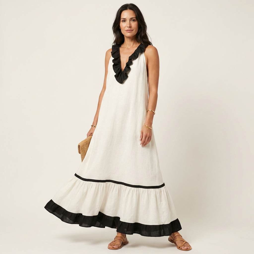 Janke mouwloze maxi-jurk met ruches en contrastbies