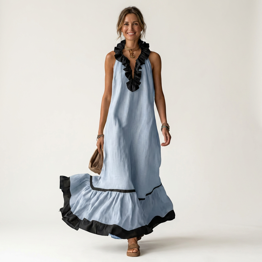 Janke mouwloze maxi-jurk met ruches en contrastbies