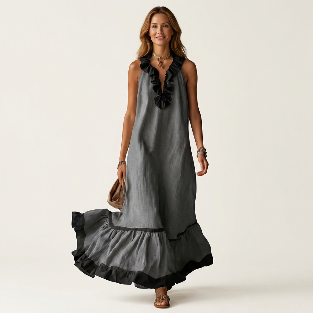 Janke mouwloze maxi-jurk met ruches en contrastbies