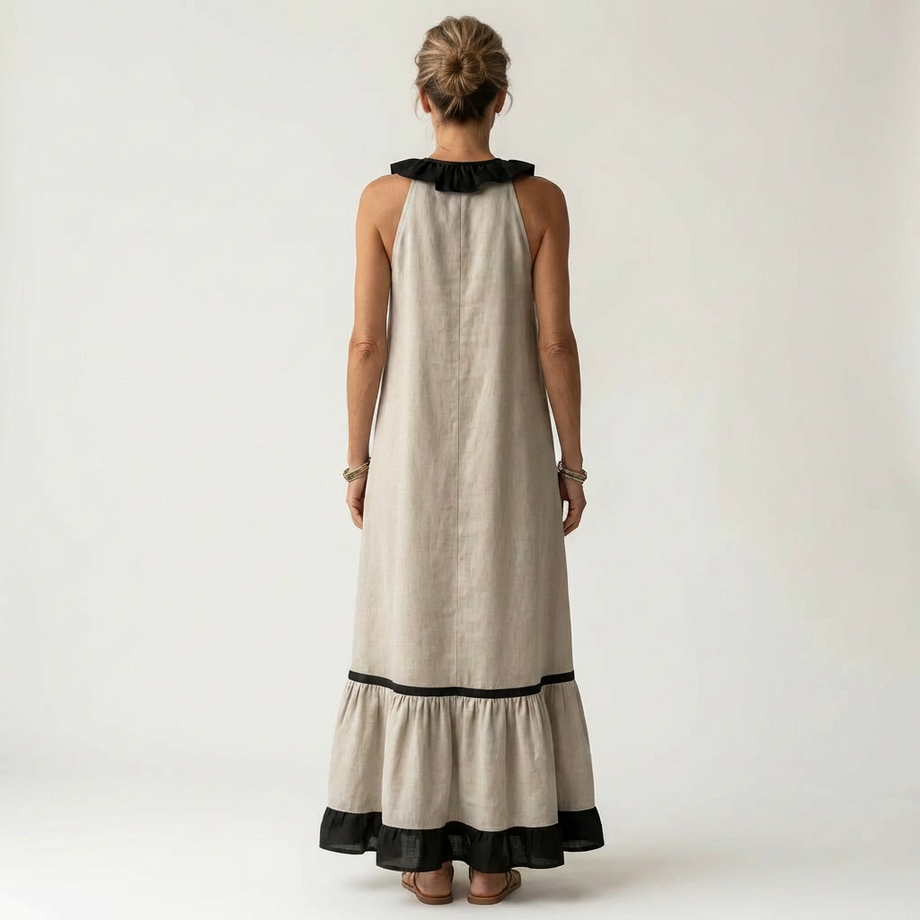 Janke mouwloze maxi-jurk met ruches en contrastbies