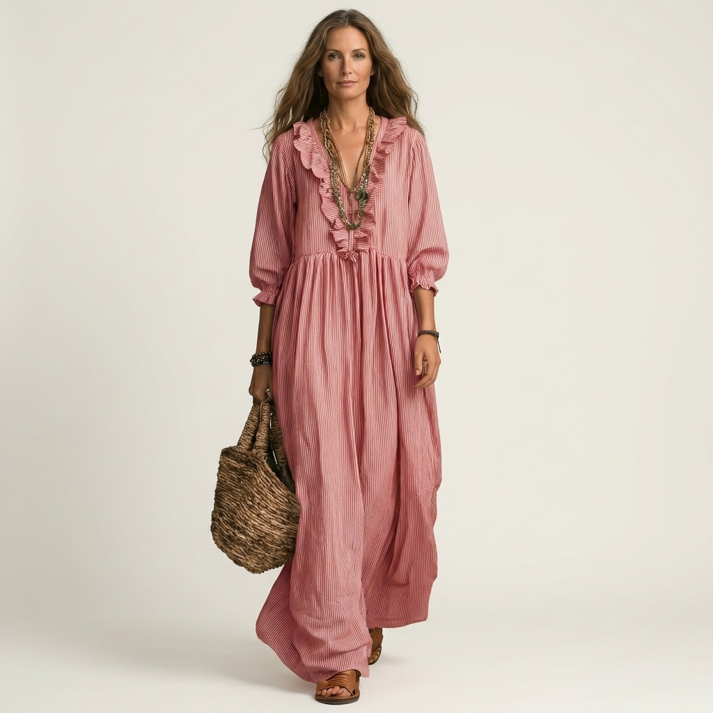 Willemien maxi-jurk met ruche-hals en lantaarnmouwen