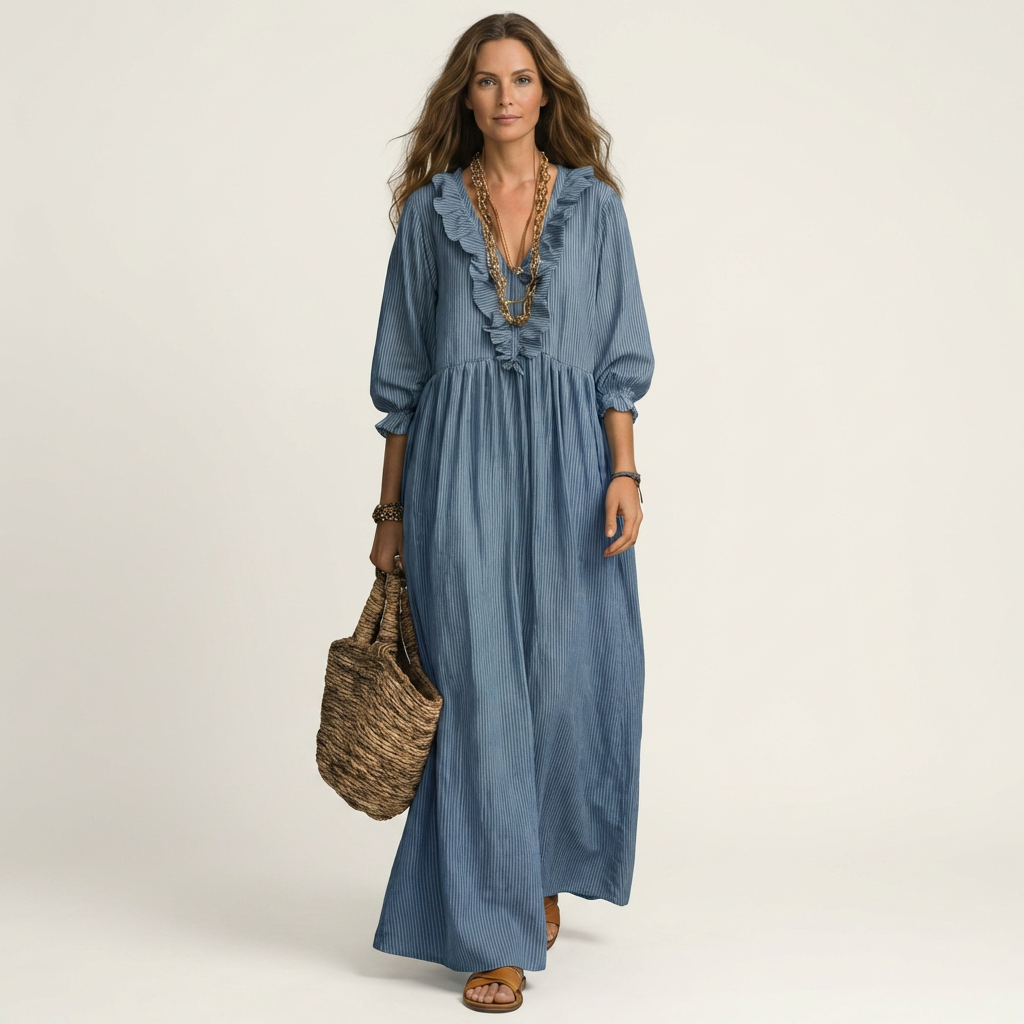 Willemien maxi-jurk met ruche-hals en lantaarnmouwen