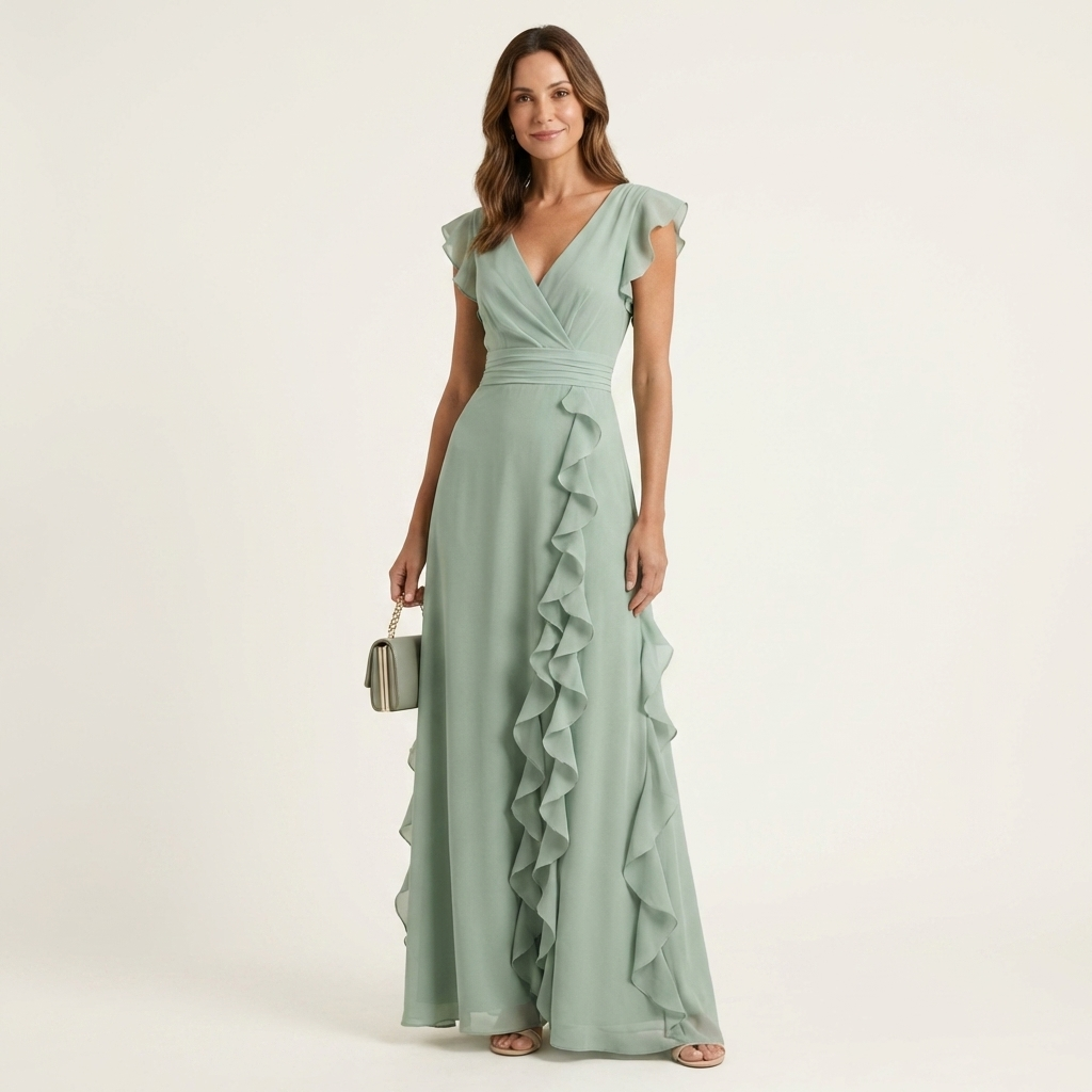 Josefine maxi-jurk met overslag en cascaderuche