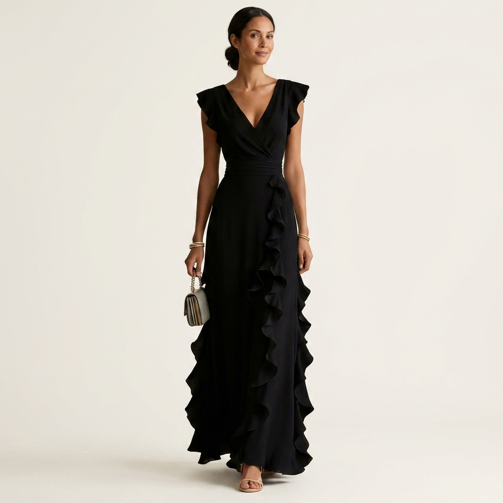 Josefine maxi-jurk met overslag en cascaderuche