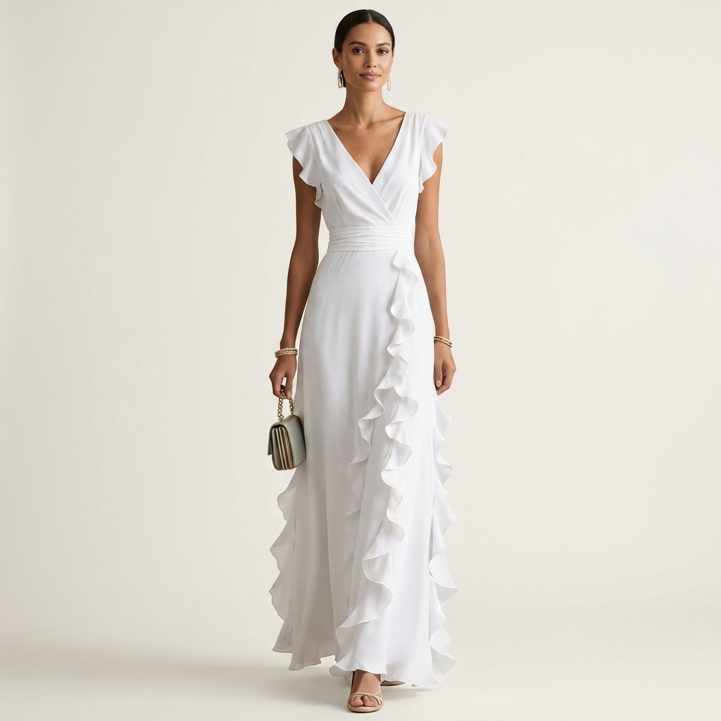 Josefine maxi-jurk met overslag en cascaderuche