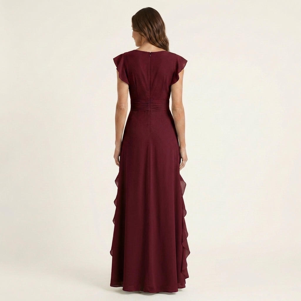 Josefine maxi-jurk met overslag en cascaderuche