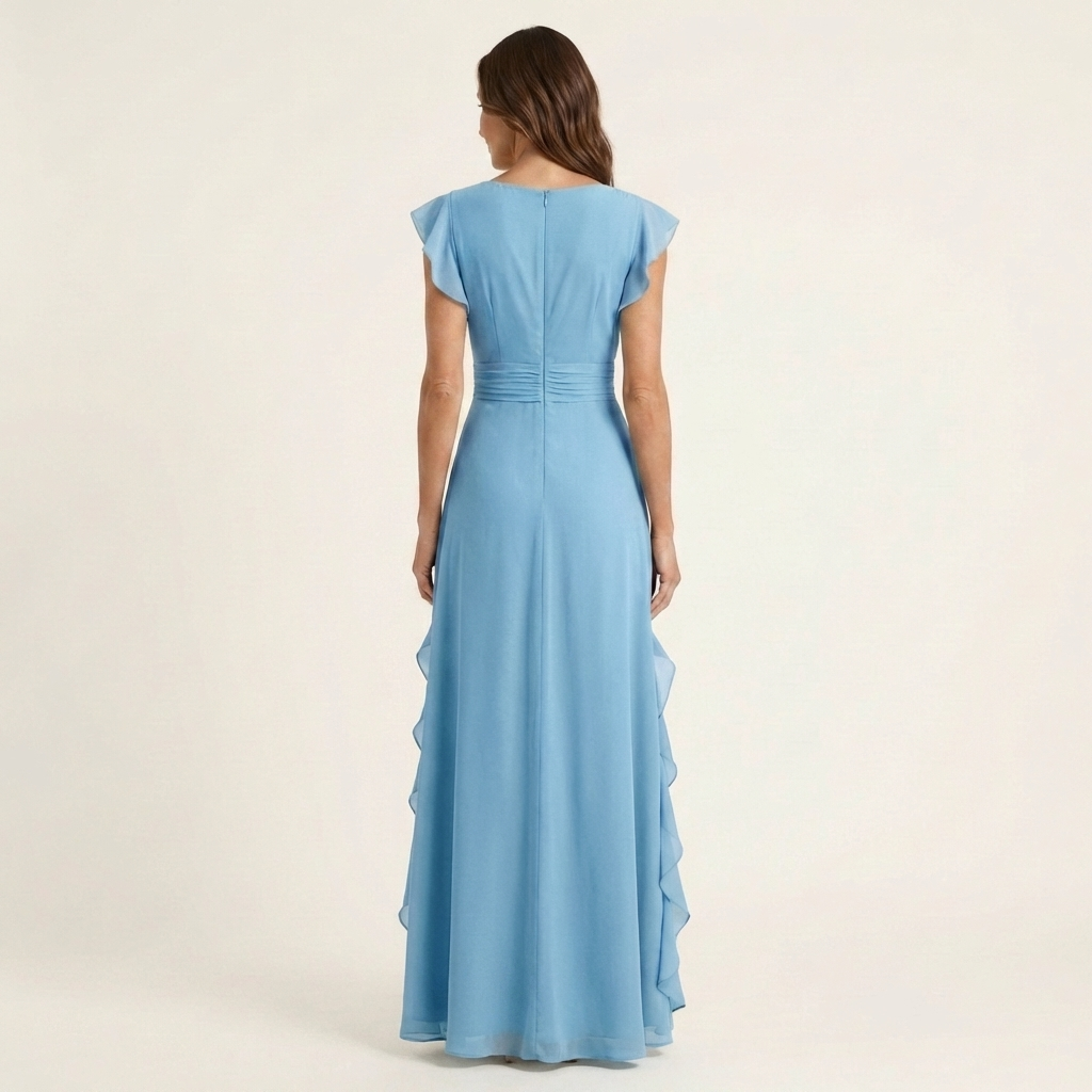 Josefine maxi-jurk met overslag en cascaderuche