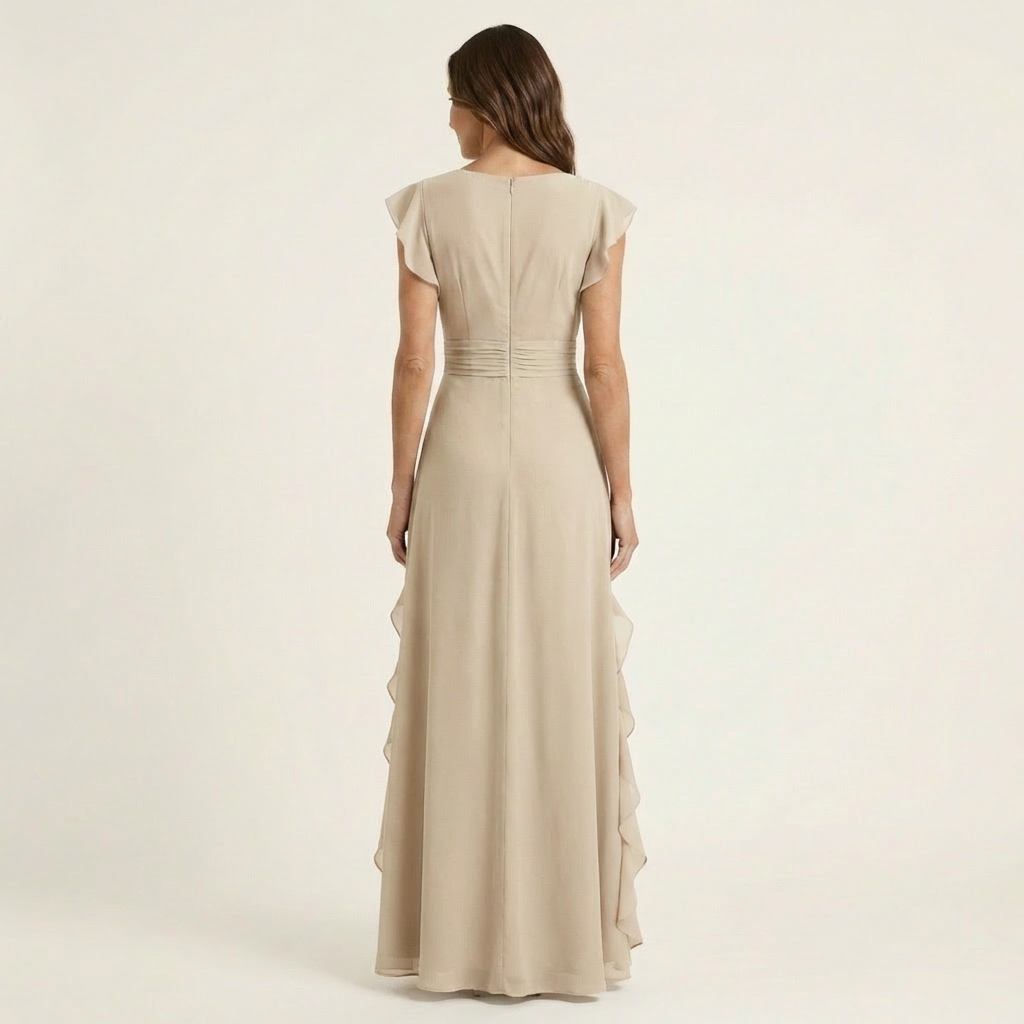 Josefine maxi-jurk met overslag en cascaderuche