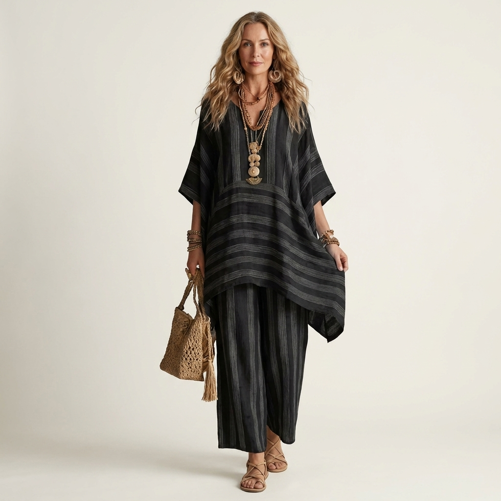 Reina gestreepte set met hi-lo tuniek en wijde broek