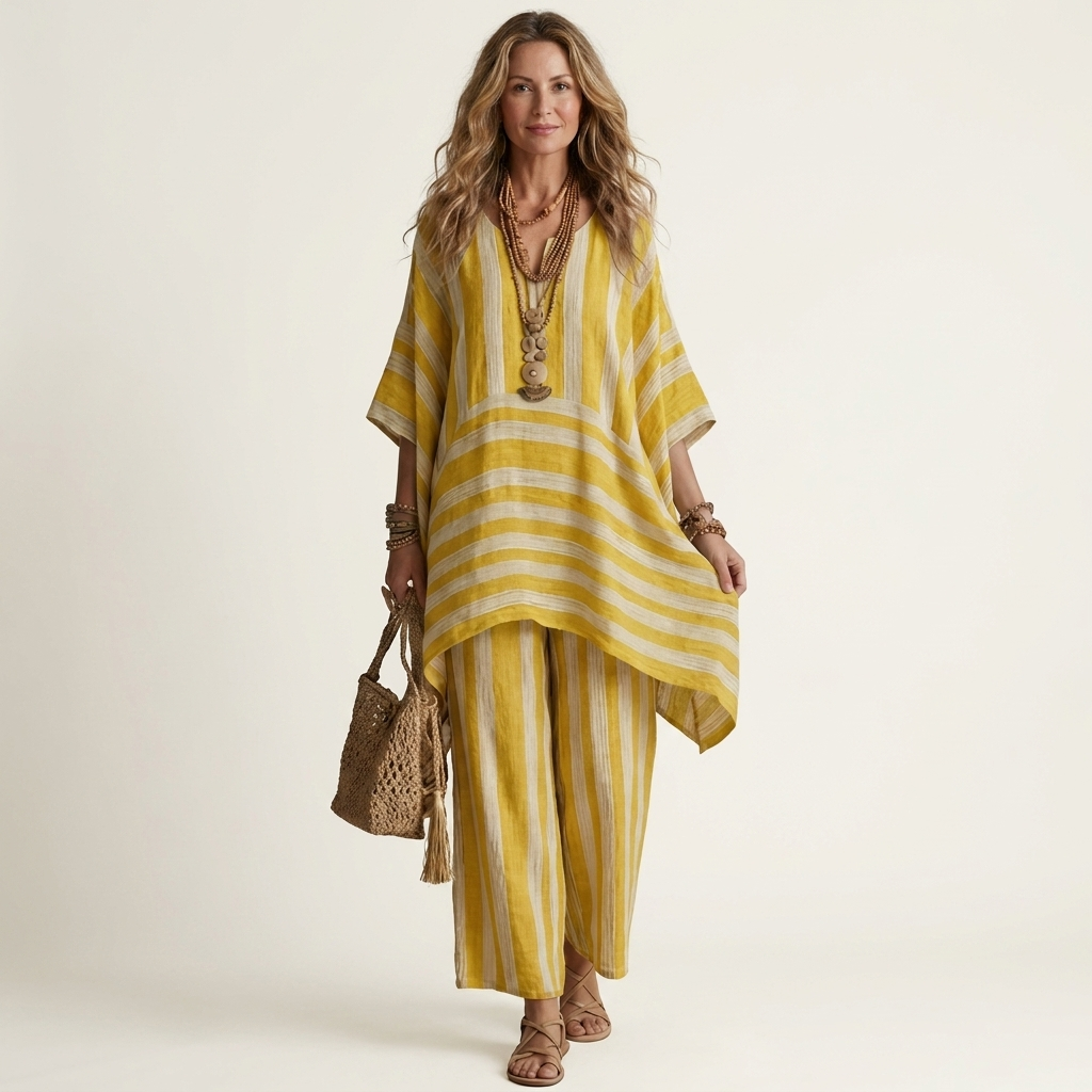 Reina gestreepte set met hi-lo tuniek en wijde broek