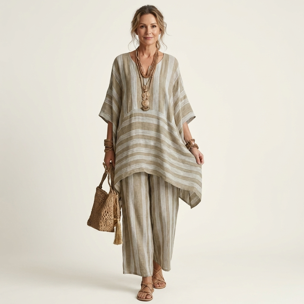 Reina gestreepte set met hi-lo tuniek en wijde broek