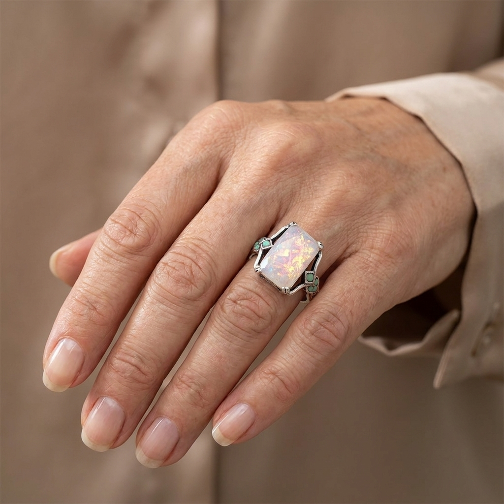 Vintage zilveren ring met witte opaal