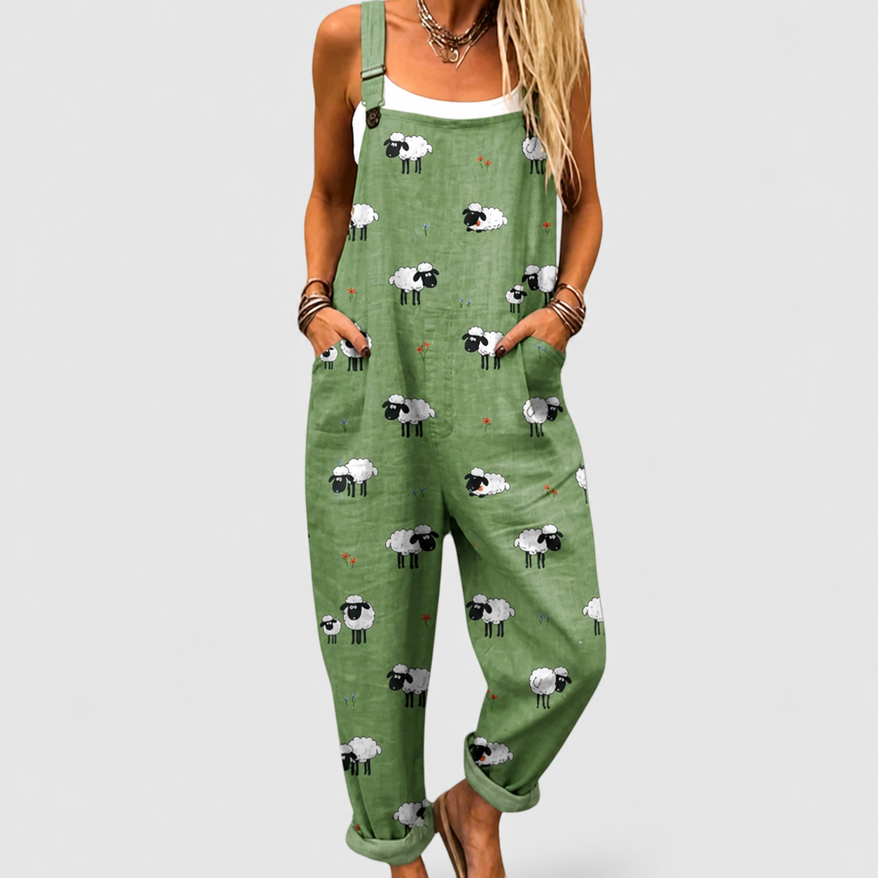 Jopie groene jumpsuit met schaapjesprint