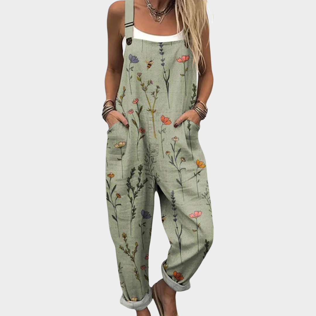 Lisette saliegroene jumpsuit met fijne bloemenprint