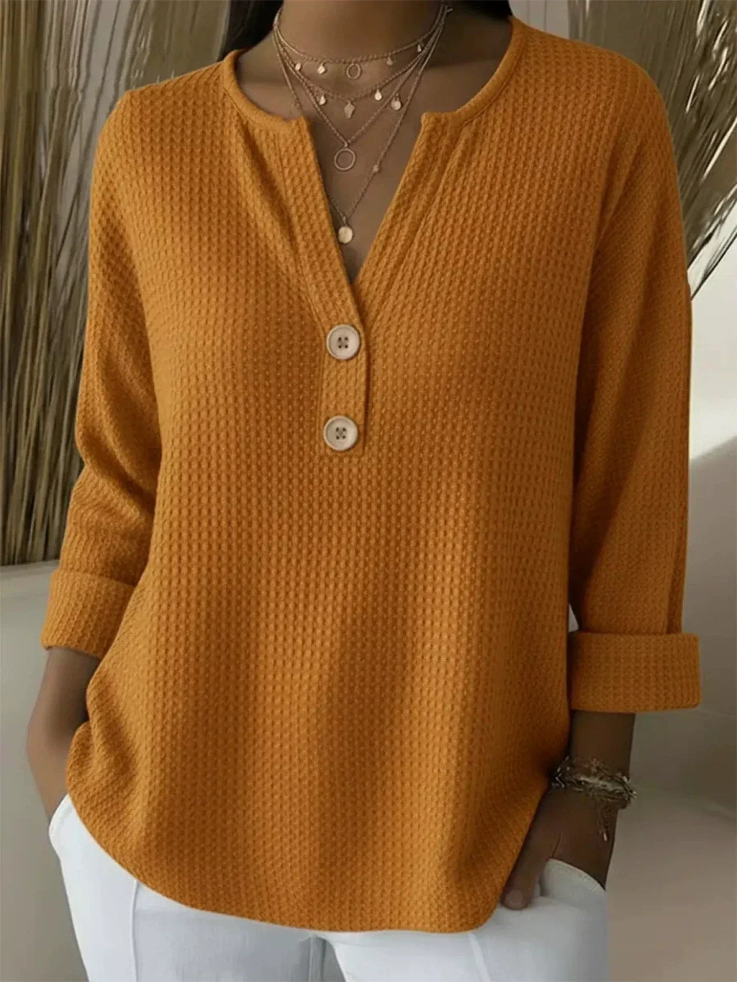 Lucía henley-shirt met wafelstructuur en knopen