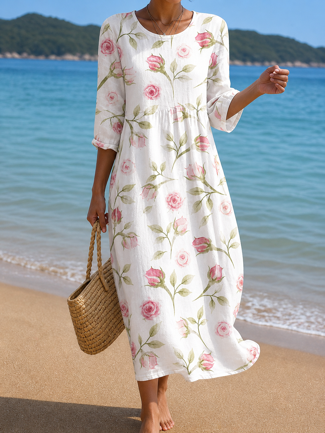 Mieke | Witte strandjurk met rozenprint
