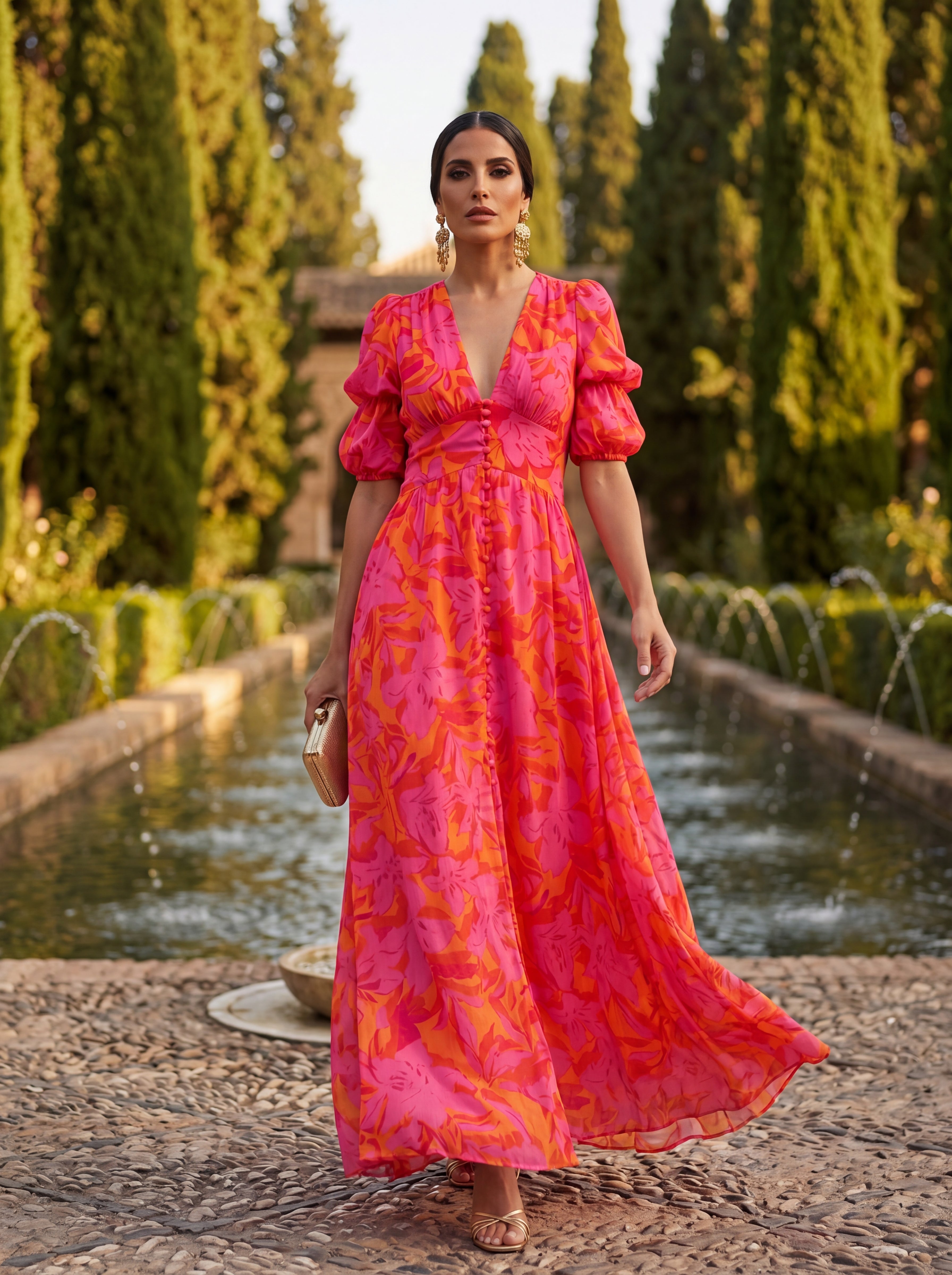 Oliva | Maxi-jurk met bloemenprint, ballonmouwen en V-hals